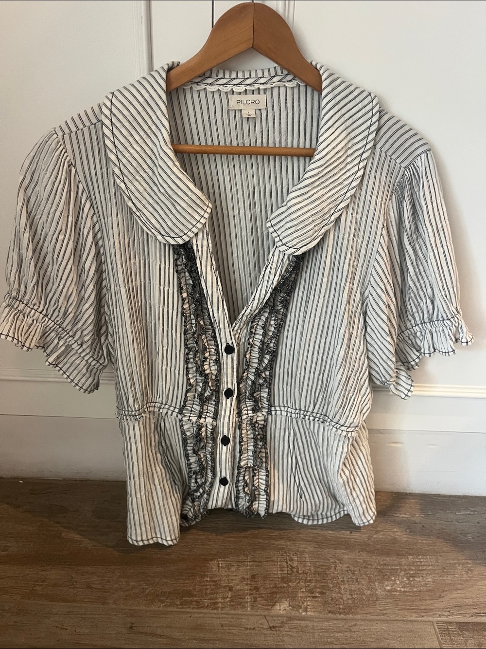 Pilcro Ivory Ruffled Short-Sleeve Button Front Blouse - Picture 4 of 6